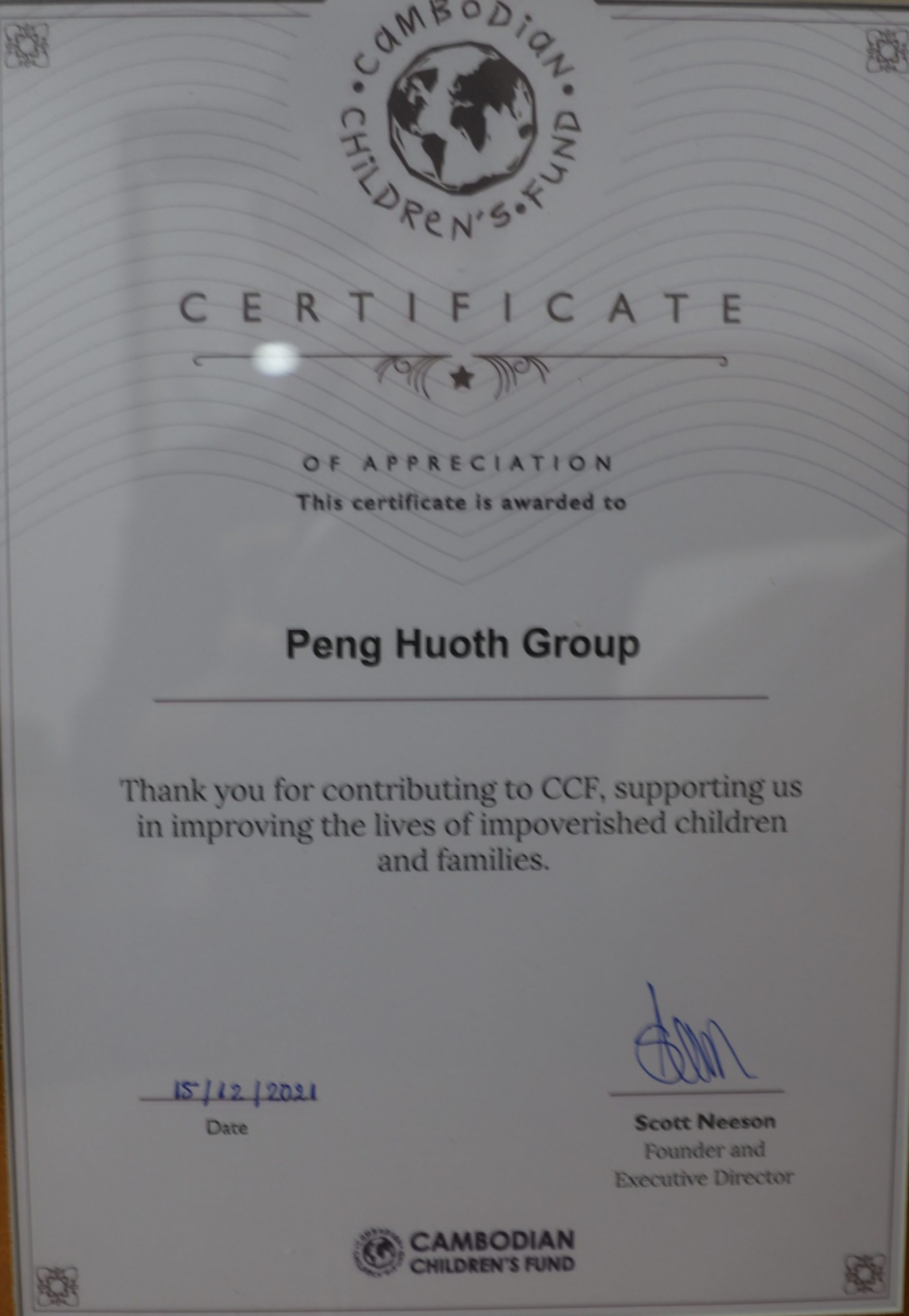 Certificate of Appreciation from Cambodian Children's Fund (CCF) for donating food and other necessities and study material